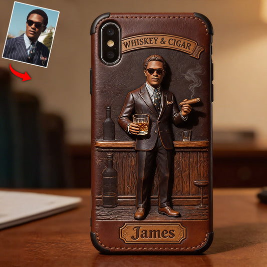 Whiskey And Cigar - Personalized Whisky 3D Embossed Leather Phone Case