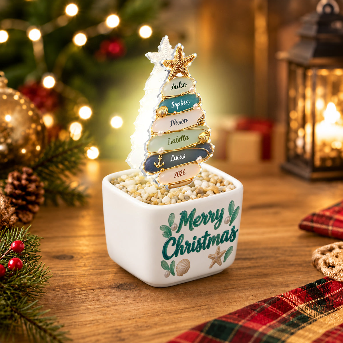 Merry Christmas - Personalized Family LED Light Ceramic Pot