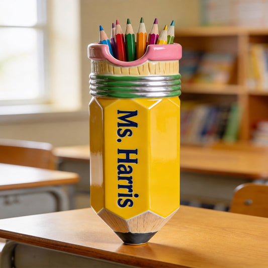 Pencil-Shaped Teacher Gift - Personalized Teacher Wooden Desk Organizer