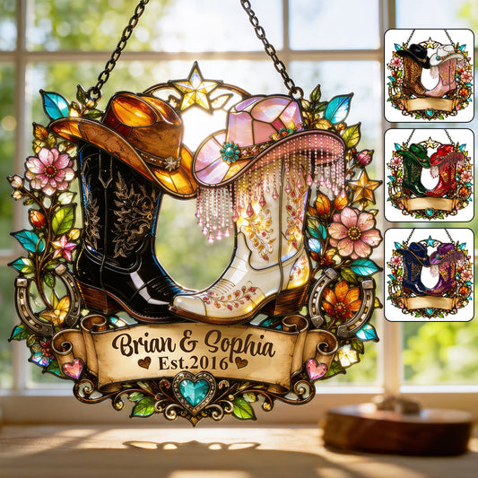 Western, Cowboy Cowgirl Couple Gift - Personalized Western Outfit Window Hanging Suncatcher Ornament