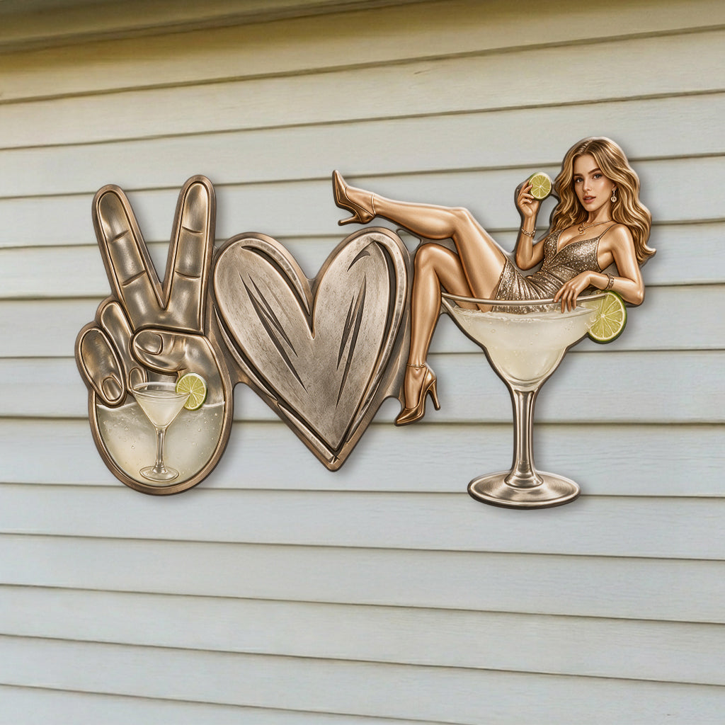 Peace Love Drink Retro - Personalized Cocktail 3D Printed Cut Metal Sign