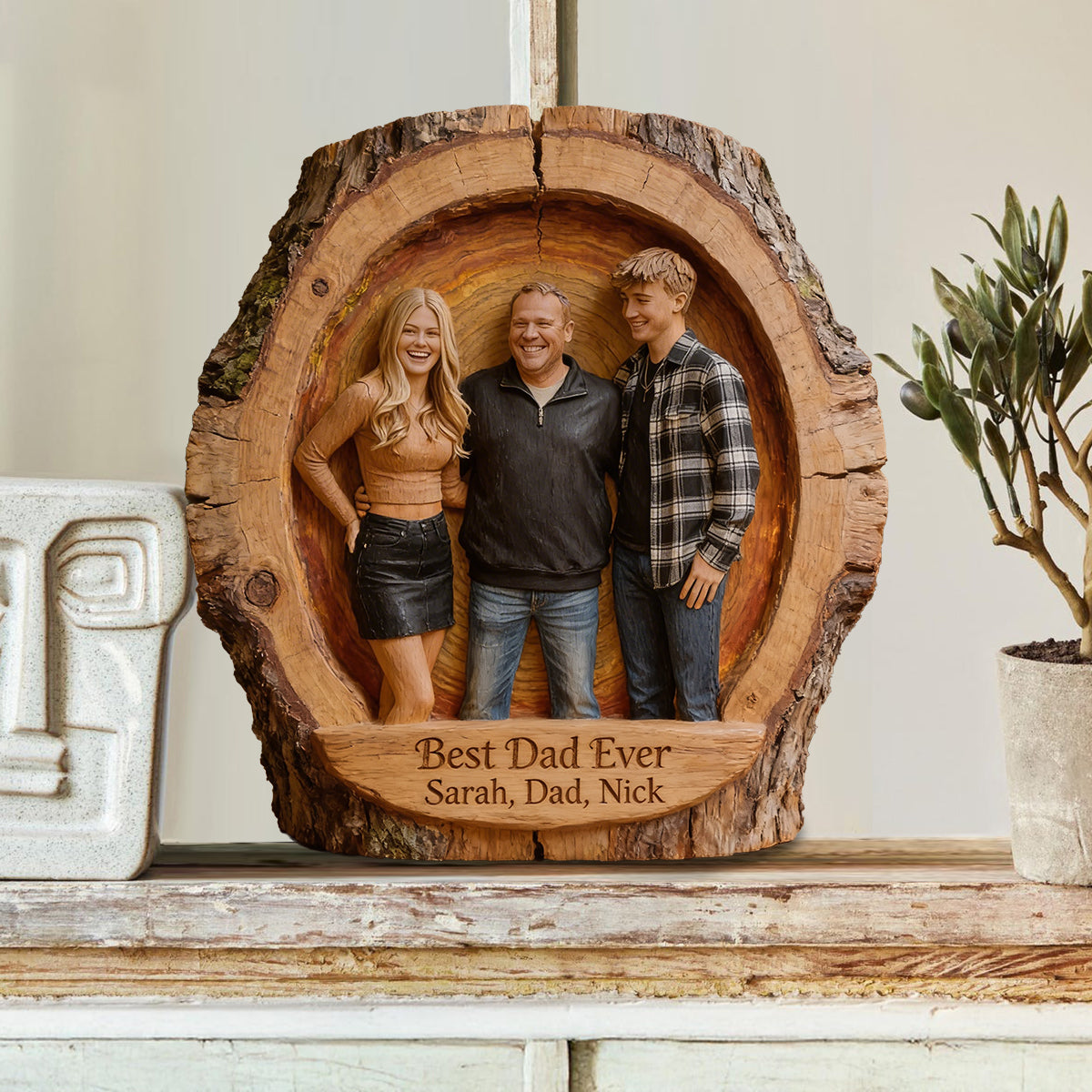 Custom Best Dad Ever Wood Log Figurine, Personalized Father and Son Carved Statue, Rustic Tabletop Decor Gift for Father's Day