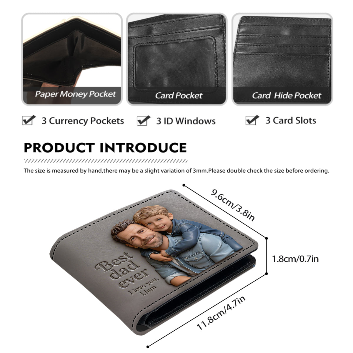 Custom 3D Photo Embossed Leather Wallet for Black Dad- Personalized Best Dad Ever Bi-fold Wallet, Father's Day Gift