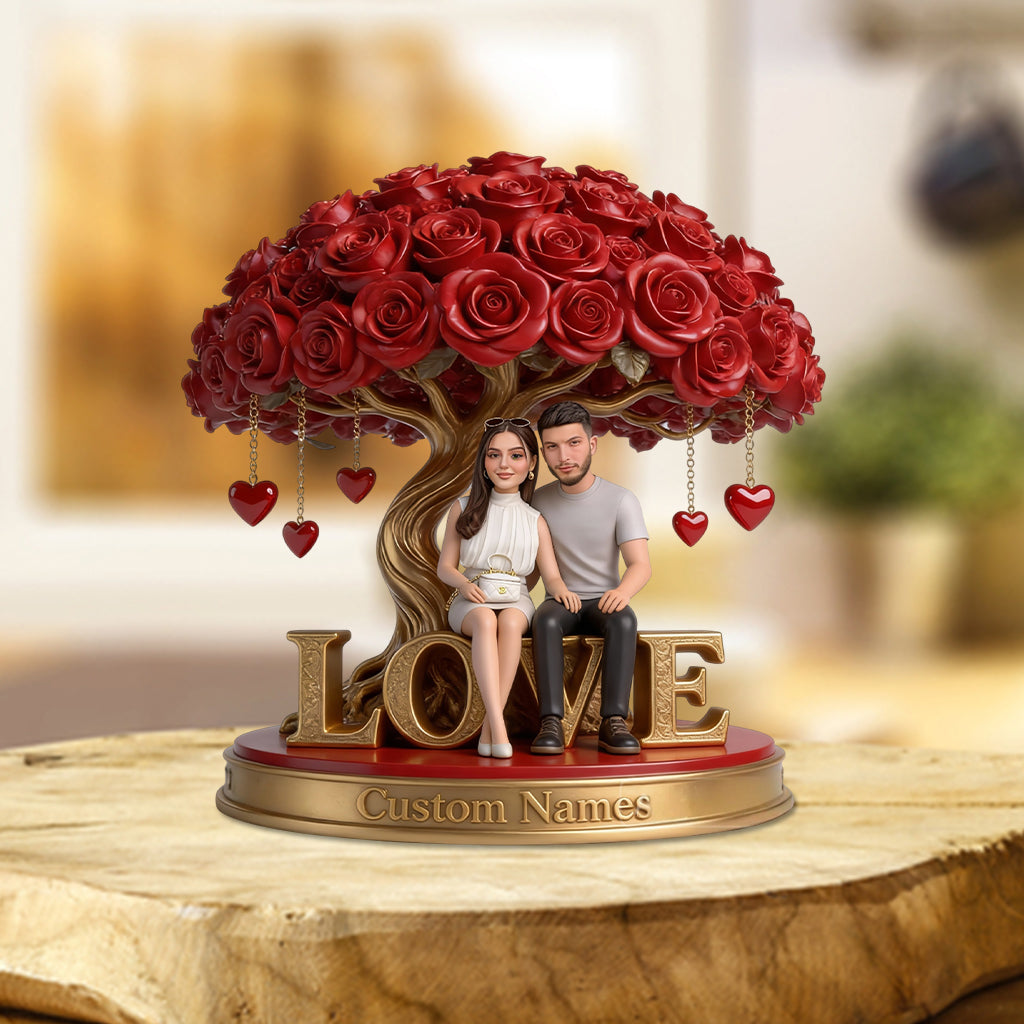 Custom Personalized Old Couple Figurine Statue under Red Rose Heart Tree, Engraved Name Anniversary Wedding Gift Home Decor Sculpture