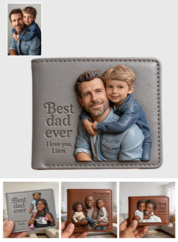 Custom 3D Photo Embossed Leather Wallet for Black Dad- Personalized Best Dad Ever Bi-fold Wallet, Custom Father's Day Gift