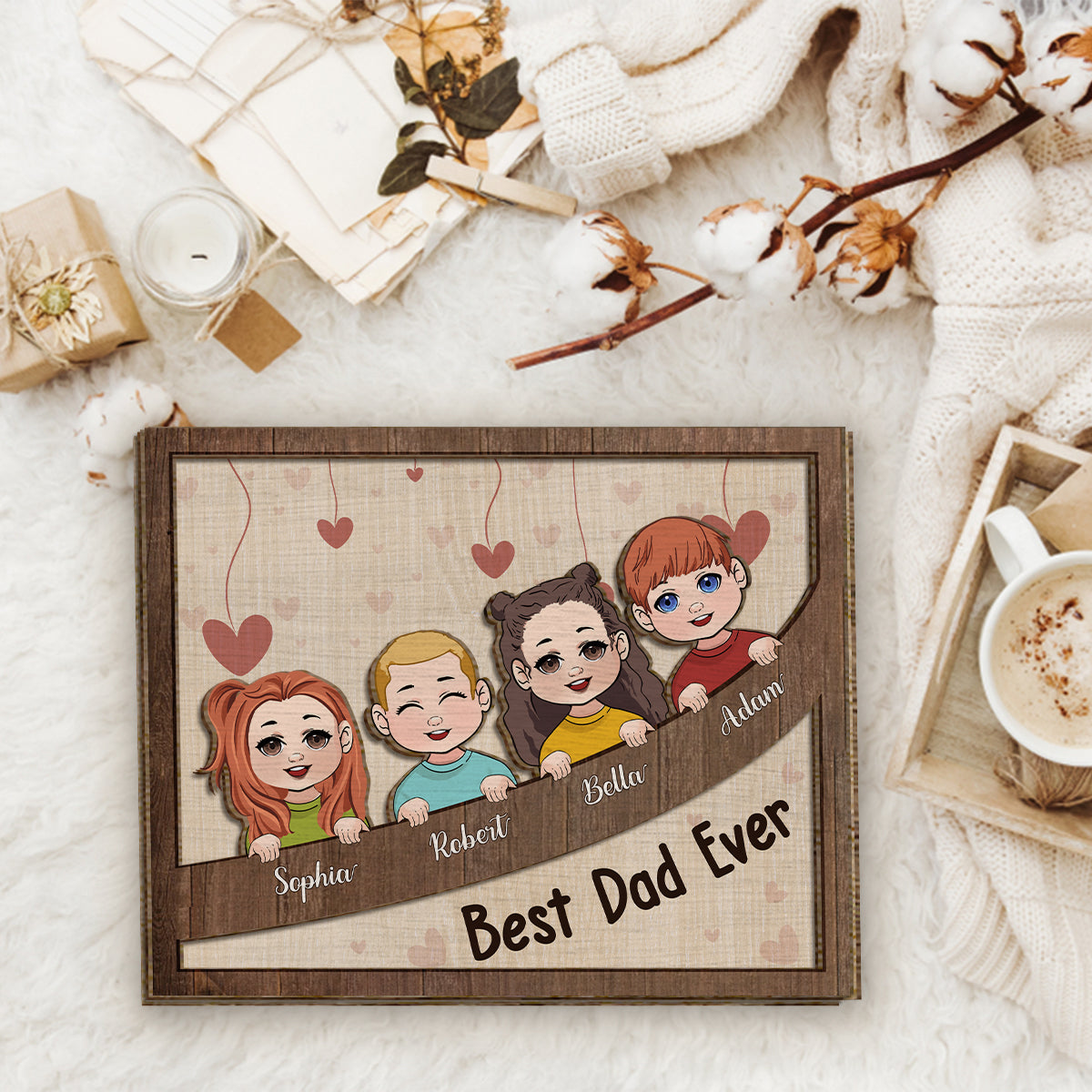 Bes Dad Mom Grandma Grandpa Ever Chibi Kids - Personalized Father 2 Layered Wood Sign / Wood Plaque