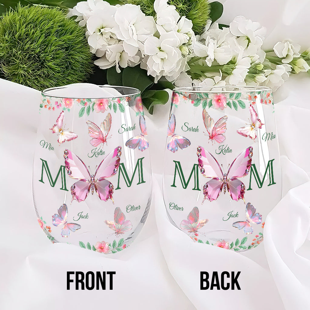 Mom And Children Butterflies - Personalized Mother All Over Wine Glass