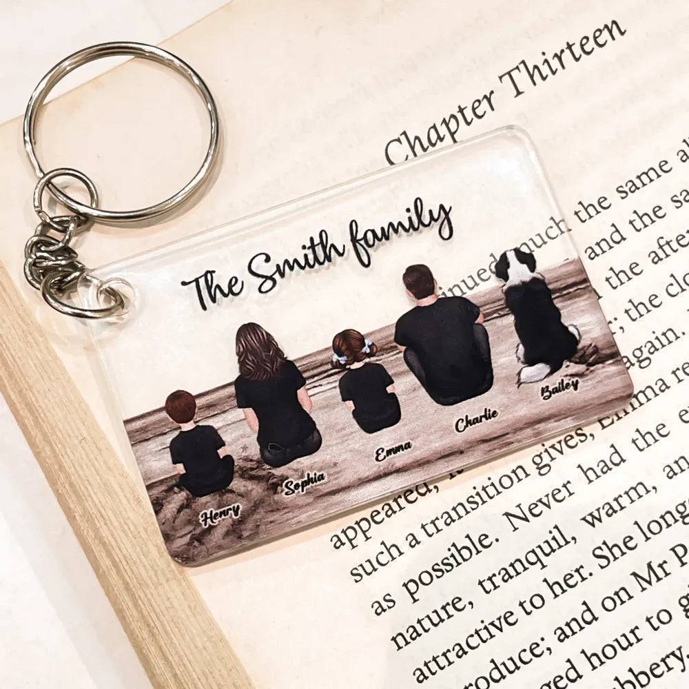 Beach Landscape Family Sitting Back View - Personalized Knit Hat or Card or Plaque or Keychain or Poster or Car Hanger or Pillow or Cup- Ideal Gift for Loved Ones