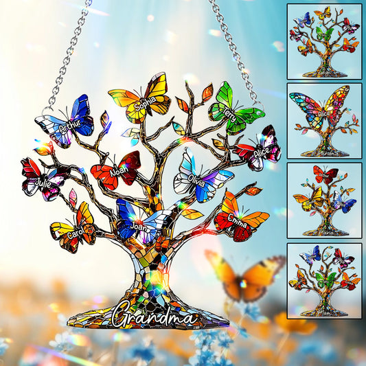 Grandma Mom Butterfly Tree - Personalized Grandma Window Hanging Suncatcher Ornament