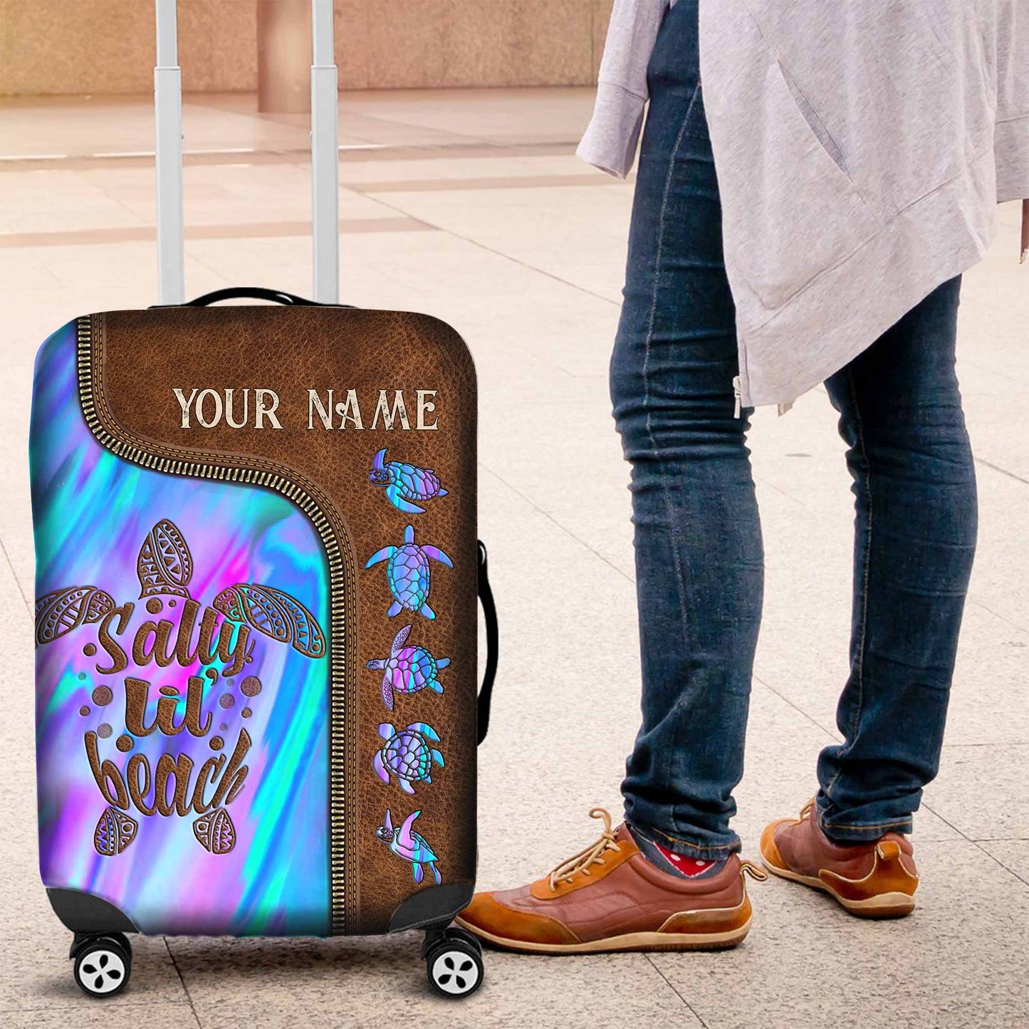 Salty Lil' Beach - Turtle Personalized Leather Pattern Print Luggage Cover