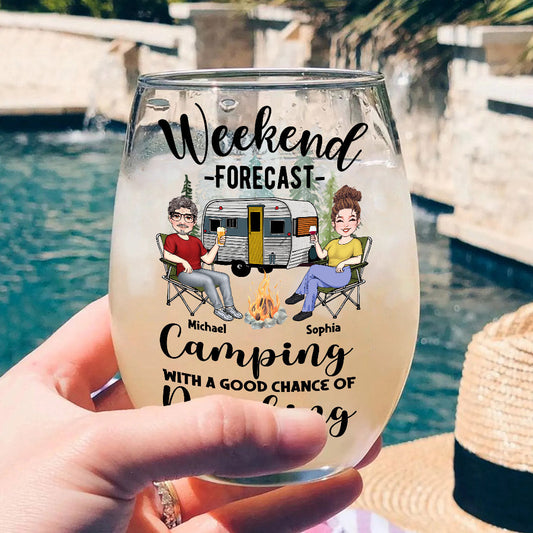 Weekend Forecast - Personalized Camping All Over Wine Glass