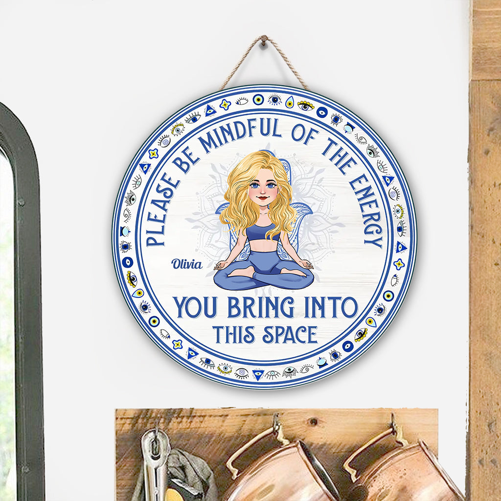 Please Be Mindful - Personalized Yoga Round Wood Sign