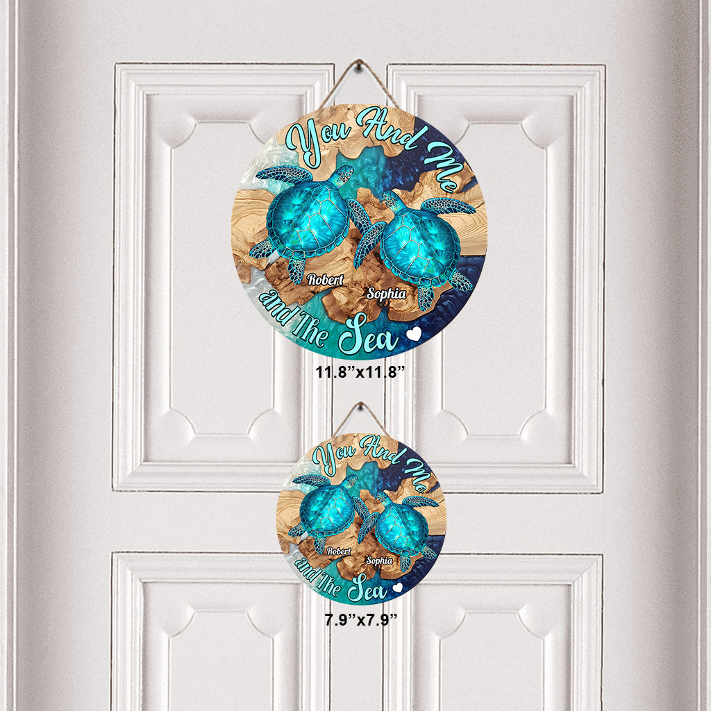 You And Me And The Sea - Personalized Turtle Round Wood Sign