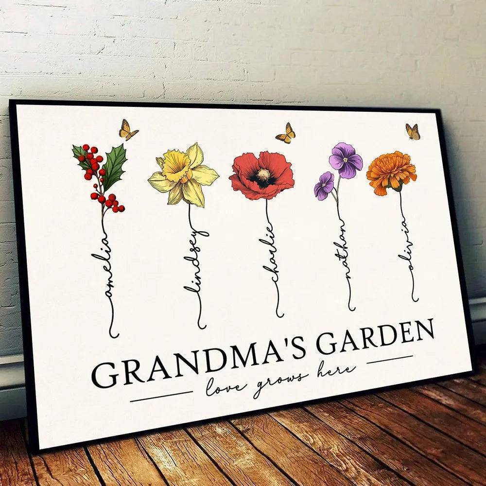 Grandma's Garden Love Grows Here Beautiful Birth Month Flower Gift For Grandma Mom Personalized Keychain, Poster, Plaque, Wallet Card, Car Hanger
