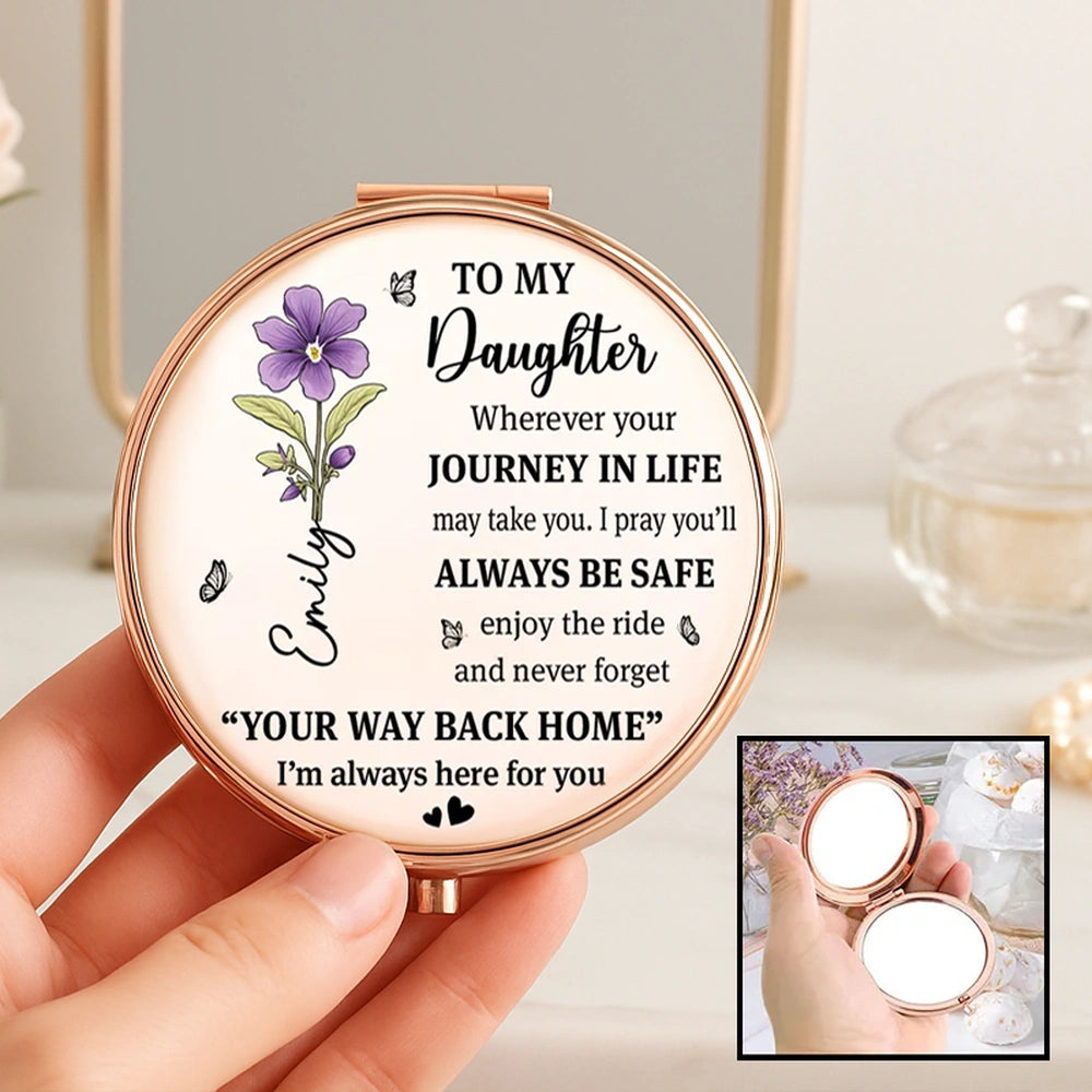 Personalized Metal Compact Mirror for Daughter, Purple Flower Quote, Always Be Safe, Unique Gift From Mom