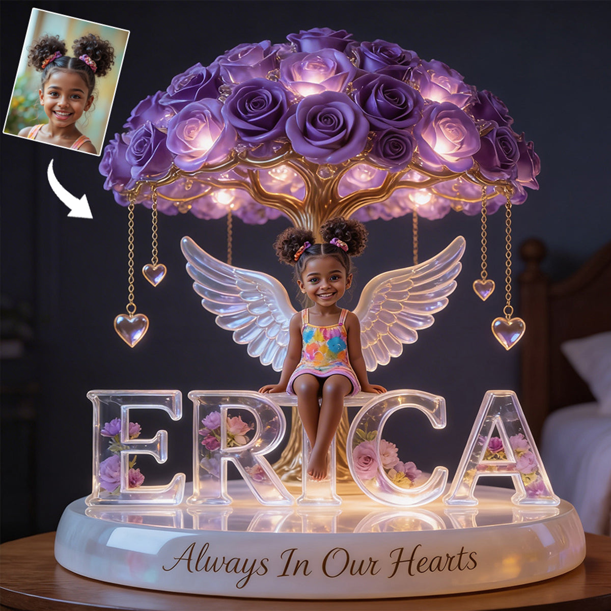 Custom Always In Our Hearts Angel Wings Figurine, Personalized Siamese Cat Memorial Tree Lamp Statue, Pet Loss Sympathy Remembrance Night Light