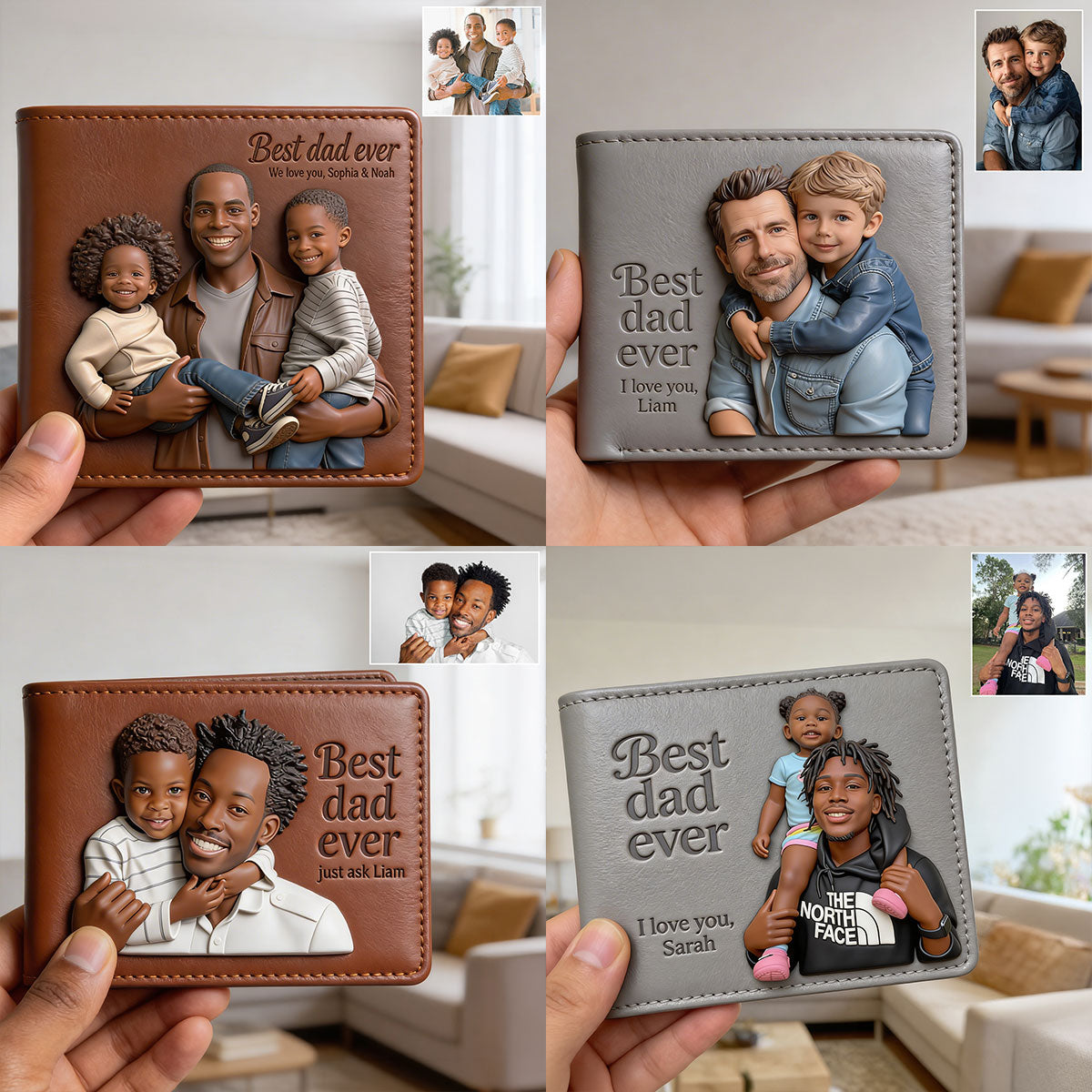 Custom 3D Photo Embossed Leather Wallet for Dad- Personalized Best Dad Ever Bi-fold Wallet, Father's Day Gift