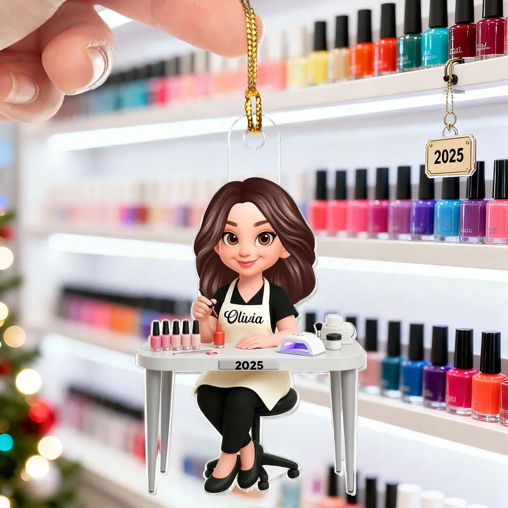 Personalized Acrylic Nail Tech Ornament, Cute Manicurist Desk Scene Keepsake Gift for Beauty Lovers
