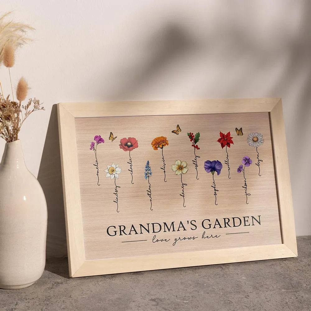Grandma's Garden Love Grows Here Beautiful Birth Month Flower Gift For Grandma Mom Personalized Pillow or Poster or Canvas, Keychain, Plaque, Wallet Card or Ornament