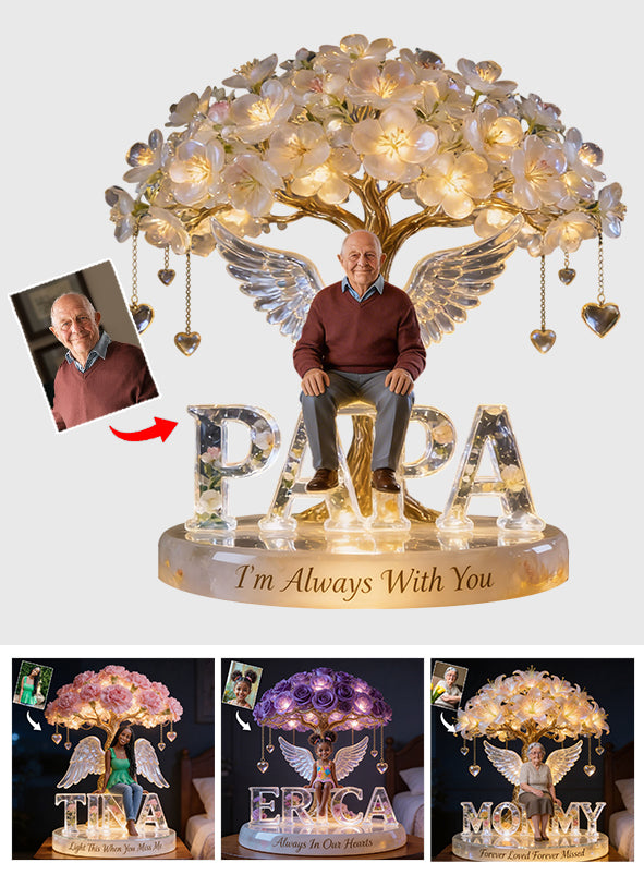 Custom Grandpa Always In Our Hearts Angel Wings Figurine, Personalized Memorial Tree Lamp Statue, Sympathy Remembrance Night Light Table Decor
