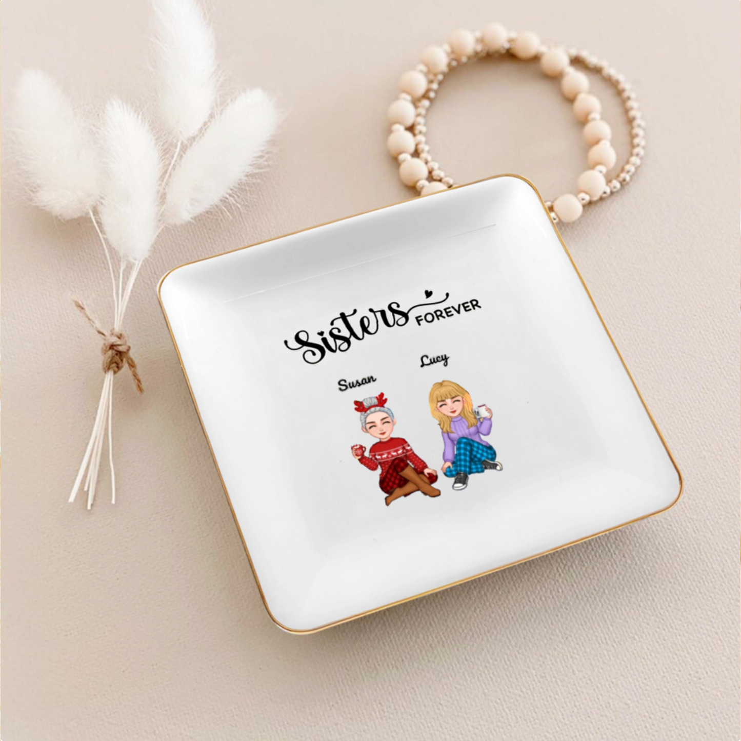 Sisters Forever - Personalized Custom PU Makeup Case,Jewelry Dish, Ornament and Mug- Acrylic Gift Box Shaped - Christmas Gift For Best Friends, BFF, Sister