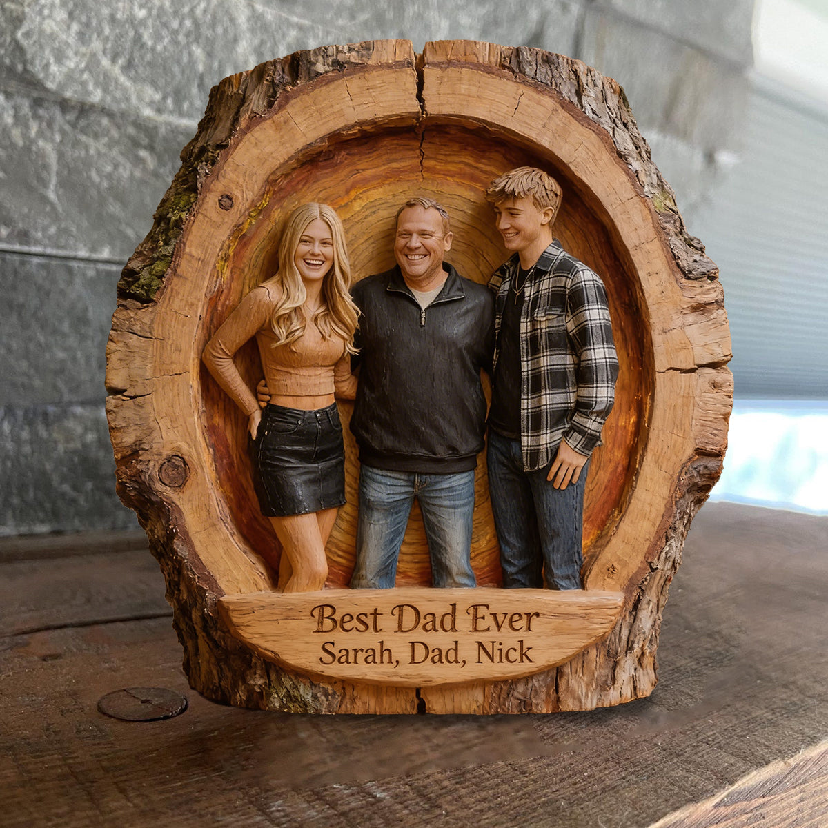 Custom Best Dad Ever Wood Log Figurine, Personalized Family Portrait Statue for Dad, Rustic Tabletop Decor Gift