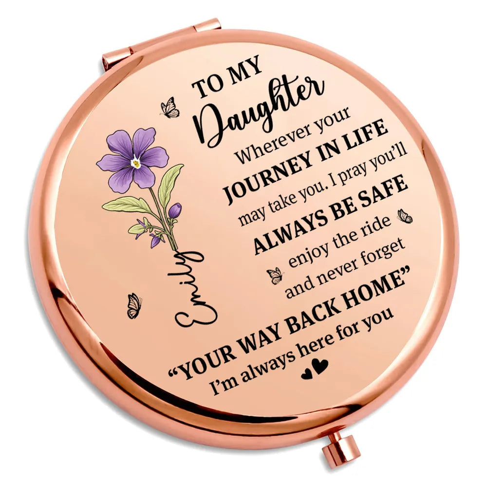 Personalized Metal Compact Mirror for Daughter, Purple Flower Quote, Always Be Safe, Unique Gift From Mom