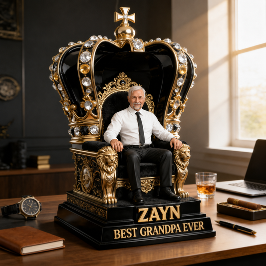 Custom King Throne Photo Figurine Statue | Personalized Best Grandpa Ever Crown Sculpture | Unique Father's Day Gift for Office Desk Decor