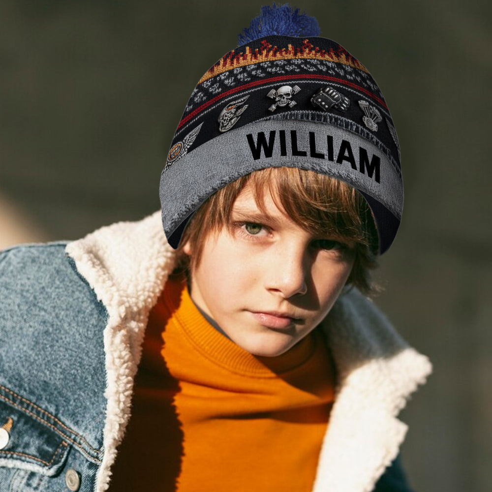 Flame & Engine - Personalized Biker Beanie Hat