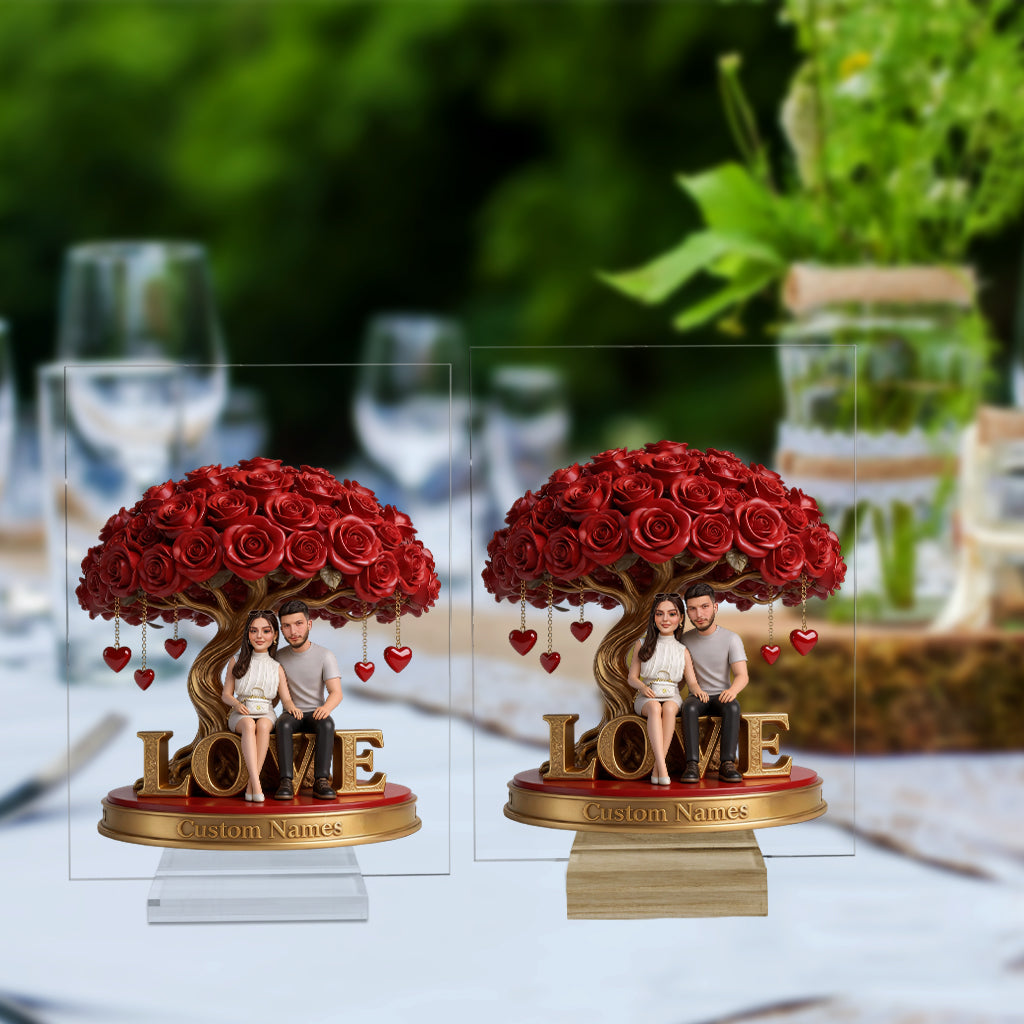 Custom Latin Couple Figurine Under Red Rose Tree, Engraved Name Statue, Romantic Anniversary & Wedding Gift Home Decor Keepsake
