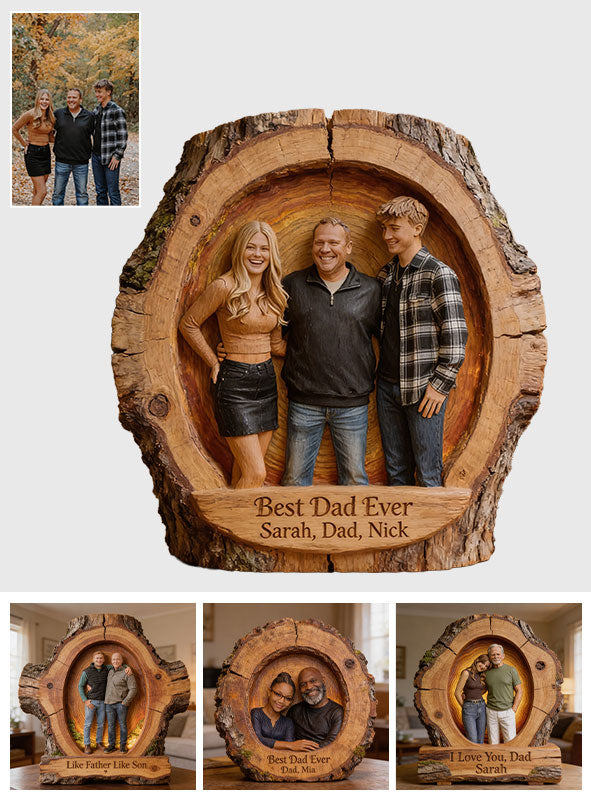 Custom Best Dad Ever Wood Log Figurine, Personalized Black Father and Son Carved Statue, Rustic Tabletop Decor Gift for Father's Day