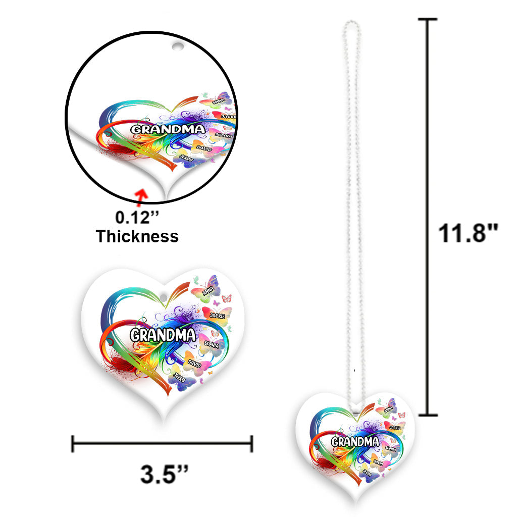 Grandma Colorful Heart Infinite Feather Butterfly - Personalized Grandma Transparent Car Ornament