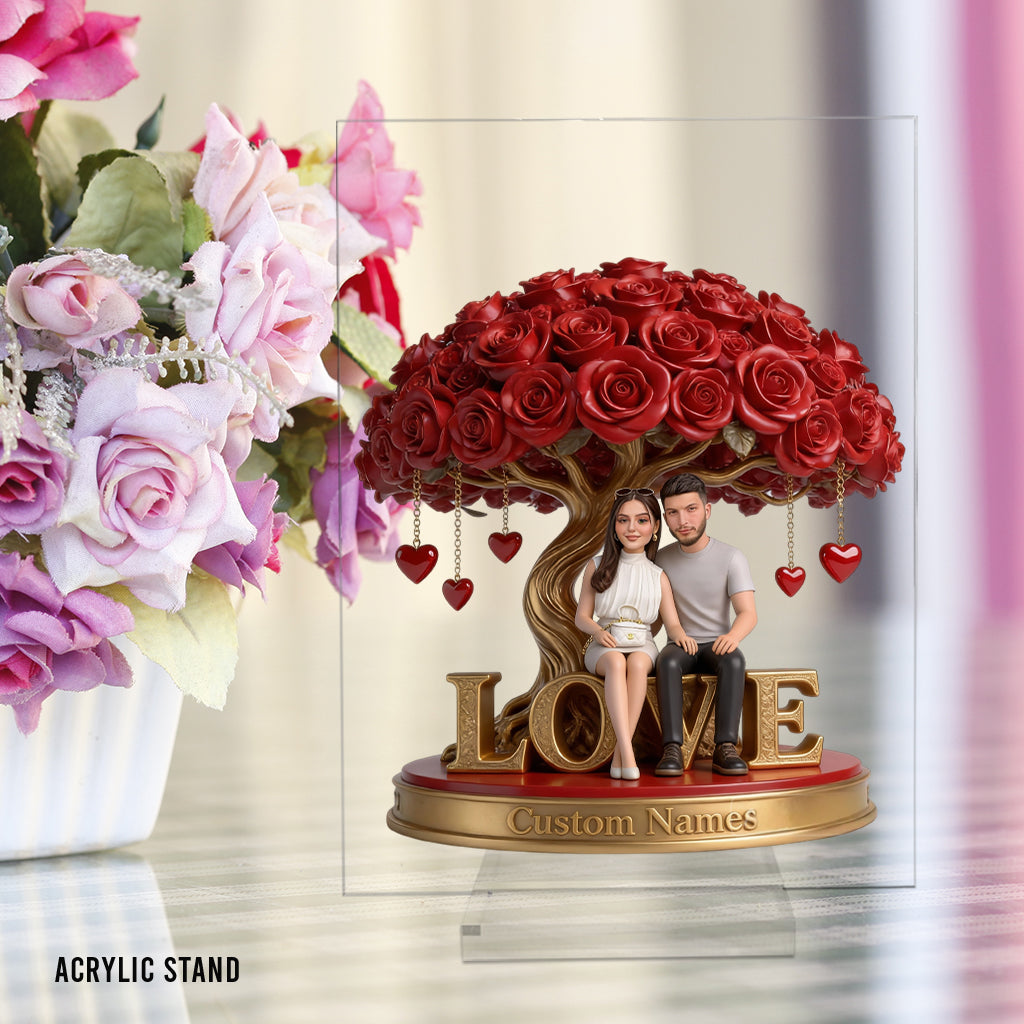 Custom Black Couple Figurine Under Red Rose Tree, Engraved Name Statue, Romantic Anniversary & Wedding Gift Home Decor Keepsake