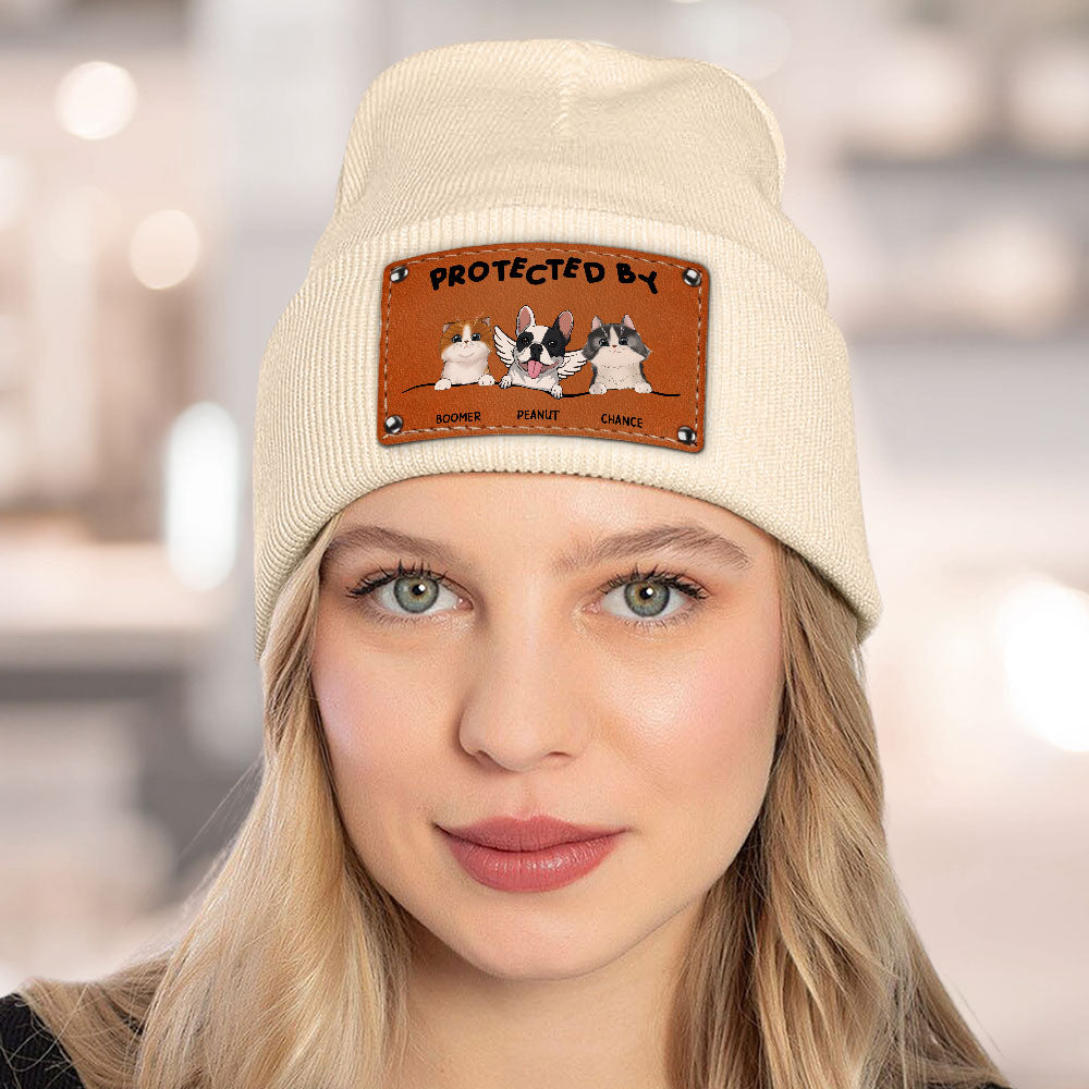 Custom Leather Patch Beanie Hat with Dog & Cat Design
