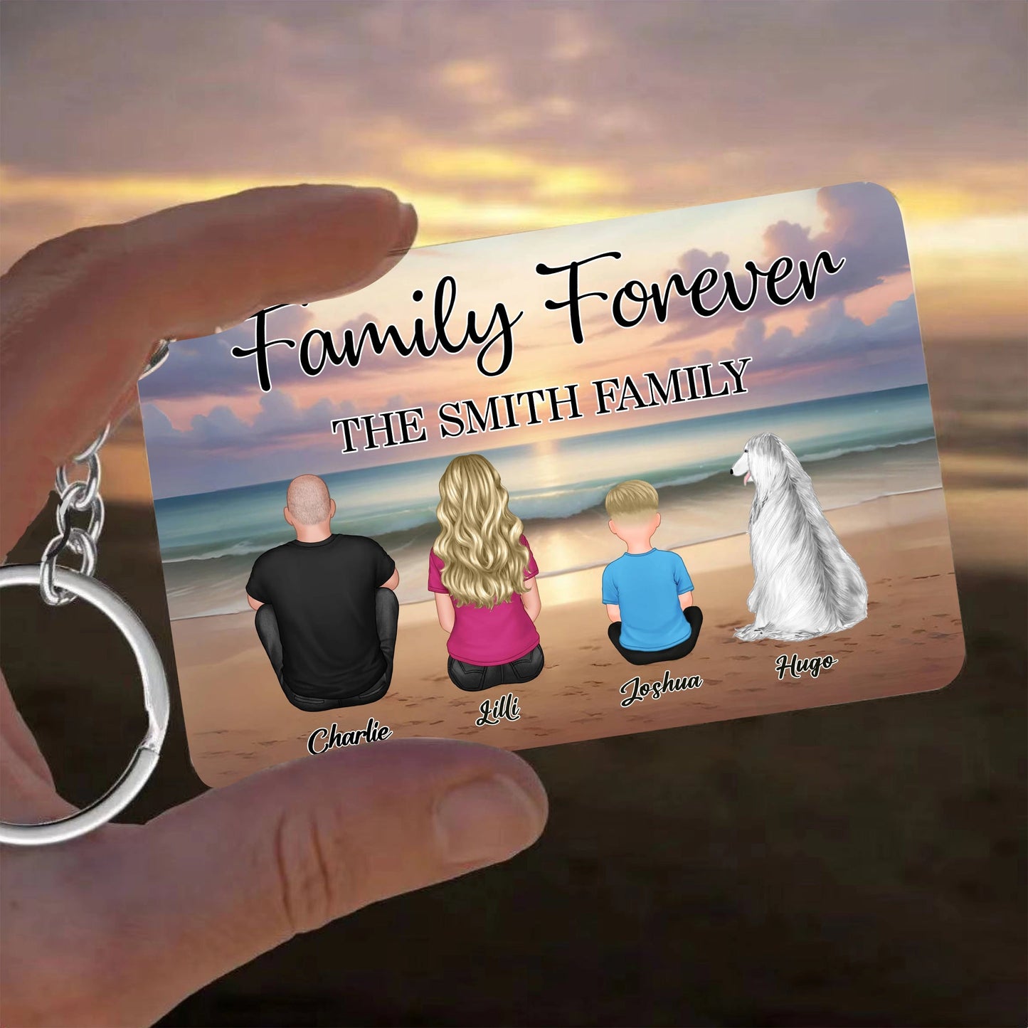 Family Forever Beach Design - Personalized 3D Crystal Sticker, Wallet Card, Blanket, Cotton Tote Bag, Wooden Carhanger, LED Plaque, Keychain and Poster, Unique Gift