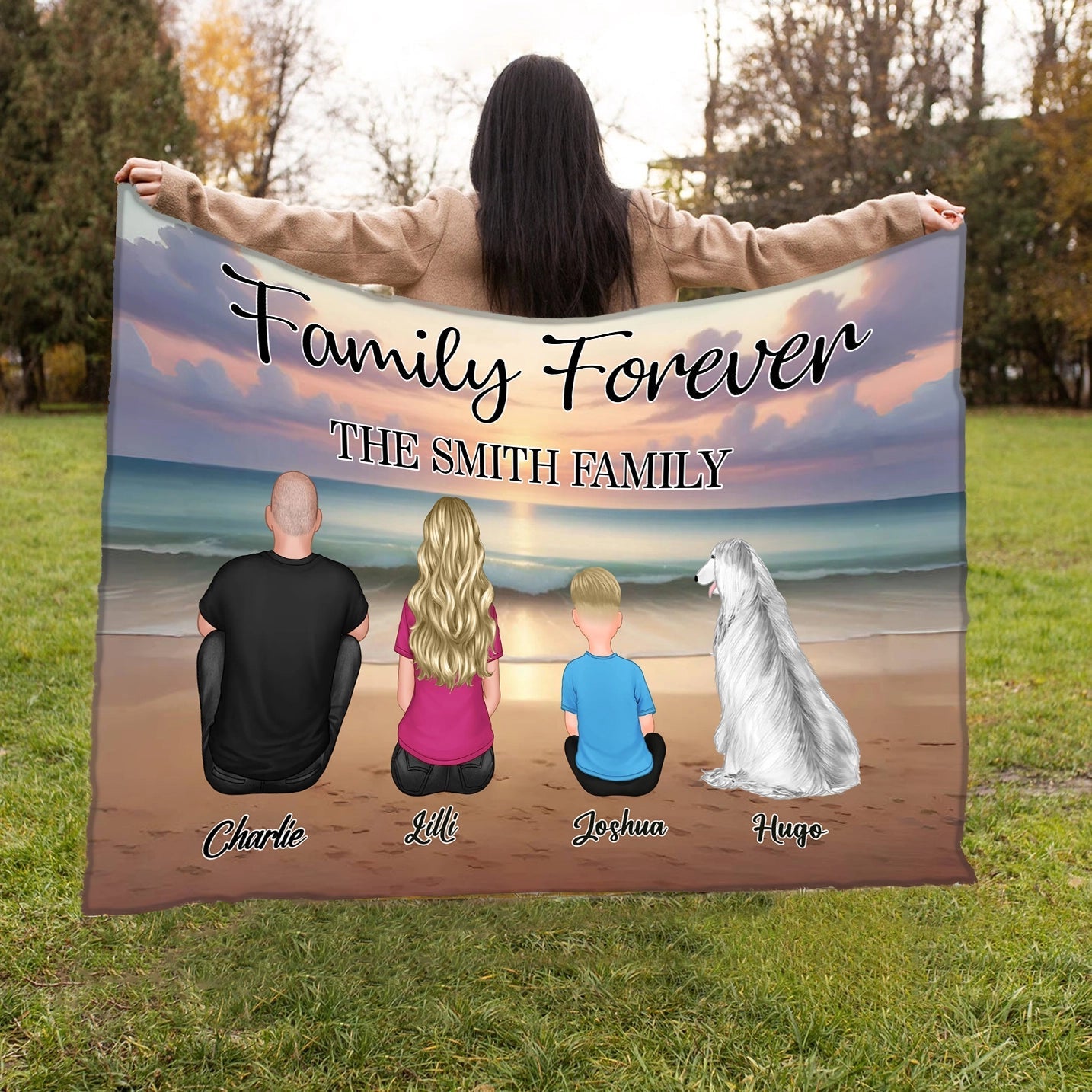 Family Forever Beach Design - Personalized Pillow, Cotton Tote Bag, Wooden Carhanger, LED Plaque, Keychain, Poster and Wallet Card, Unique Gift