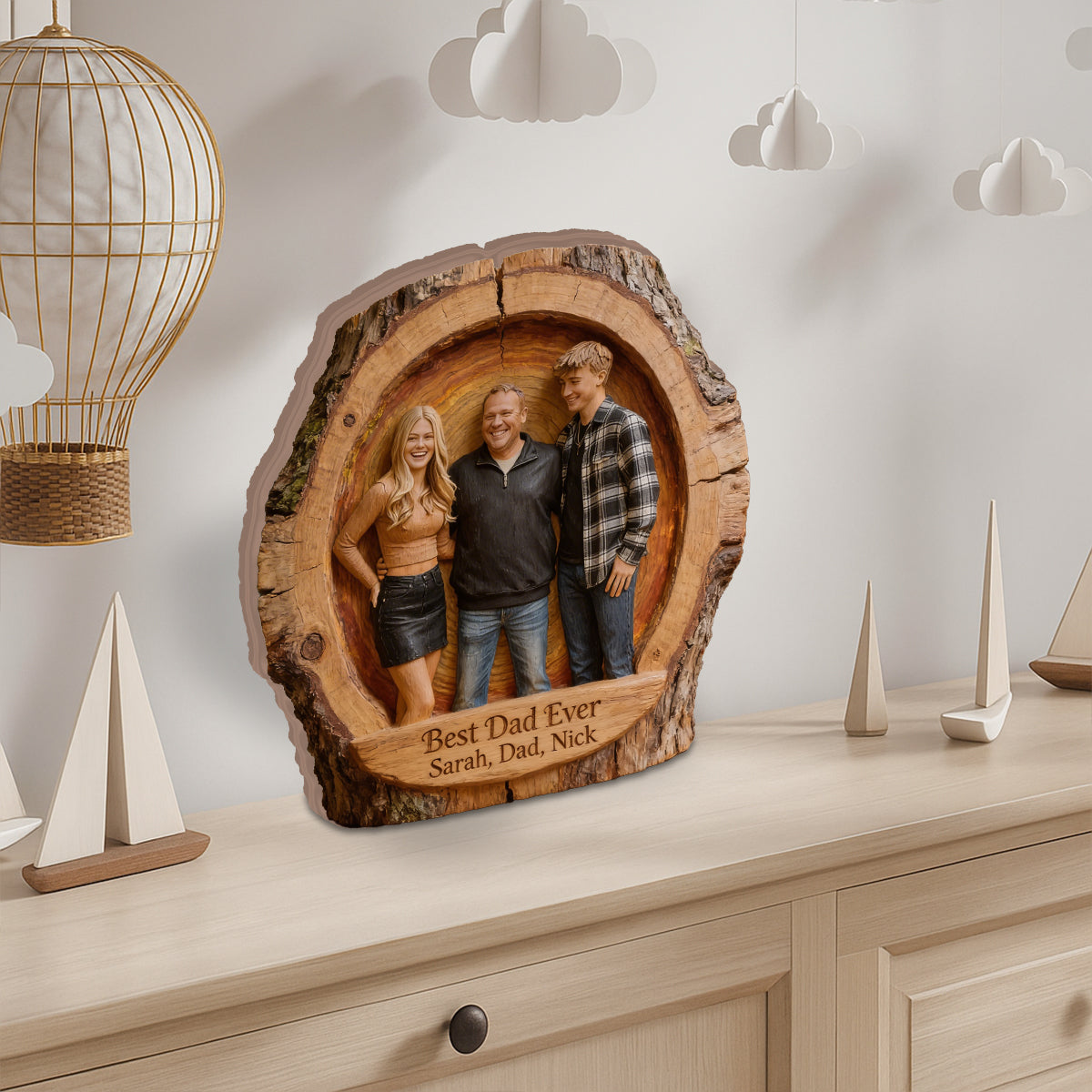 Custom Best Dad Ever Wood Log Figurine, Personalized Family Portrait Statue for Dad, Rustic Tabletop Decor Gift