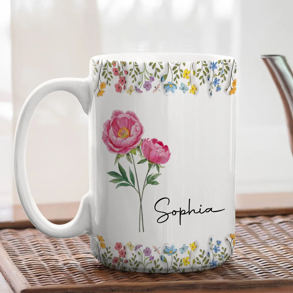 White Ceramic Mug with Floral Design and Name Print – Elegant Personalized Gift for Her, Perfect for Birthdays and Special Moments