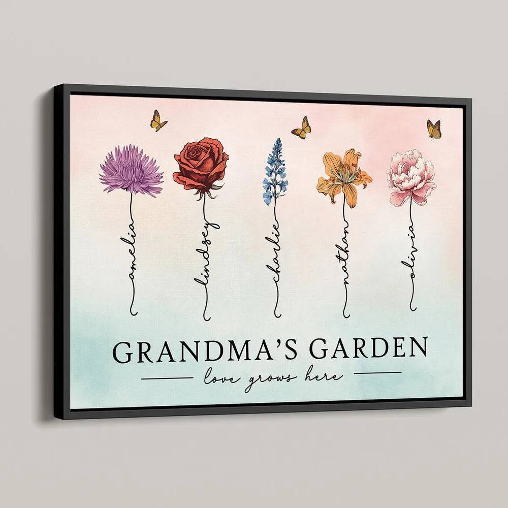 Grandma's Garden Love Grows Here Beautiful Birth Month Flower Gift For Grandma Mom Personalized Doormat or Poster or Canvas, Keychain, Plaque, Wallet Card