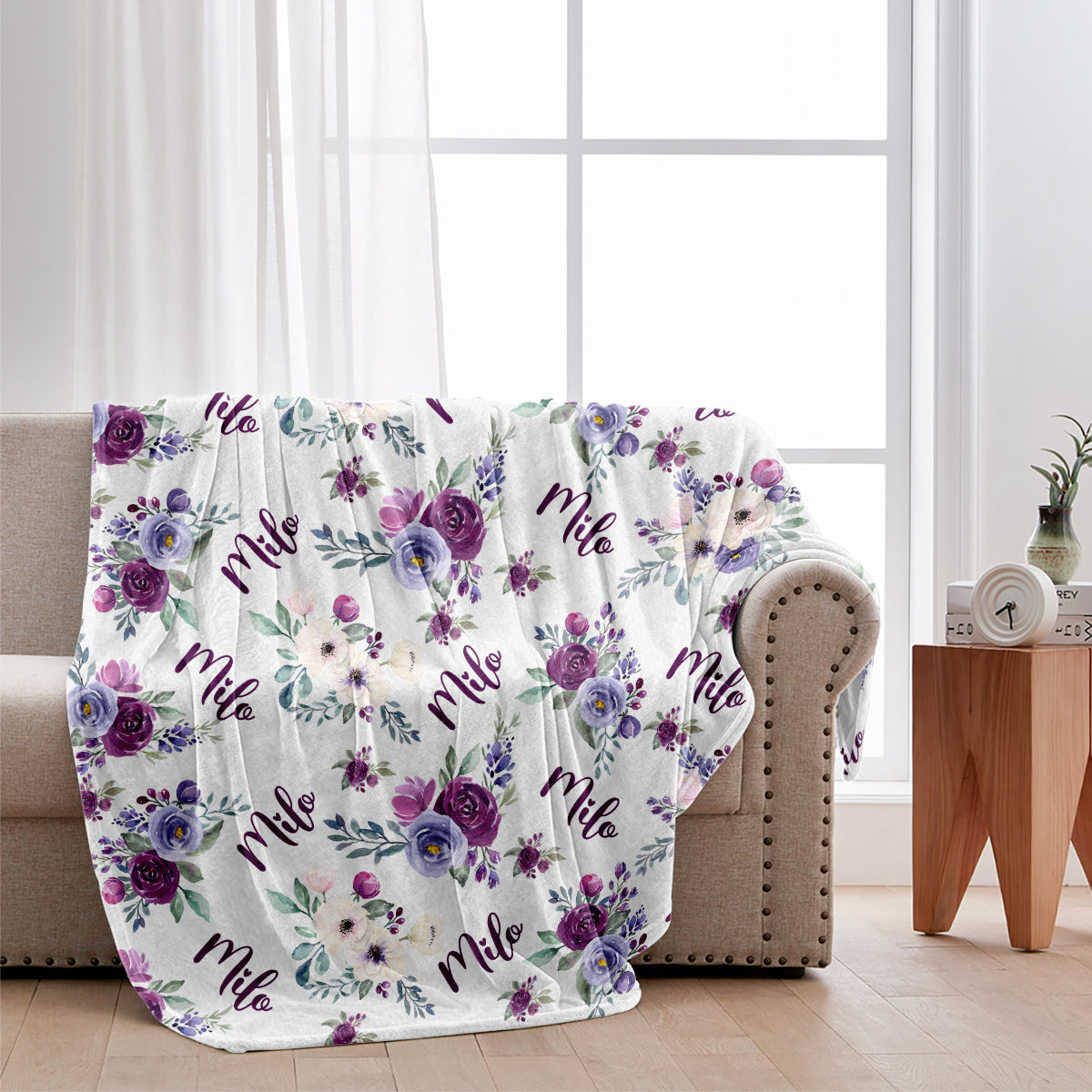 Custom Cat Name Purple Flowers - Personalized Cat Blanket