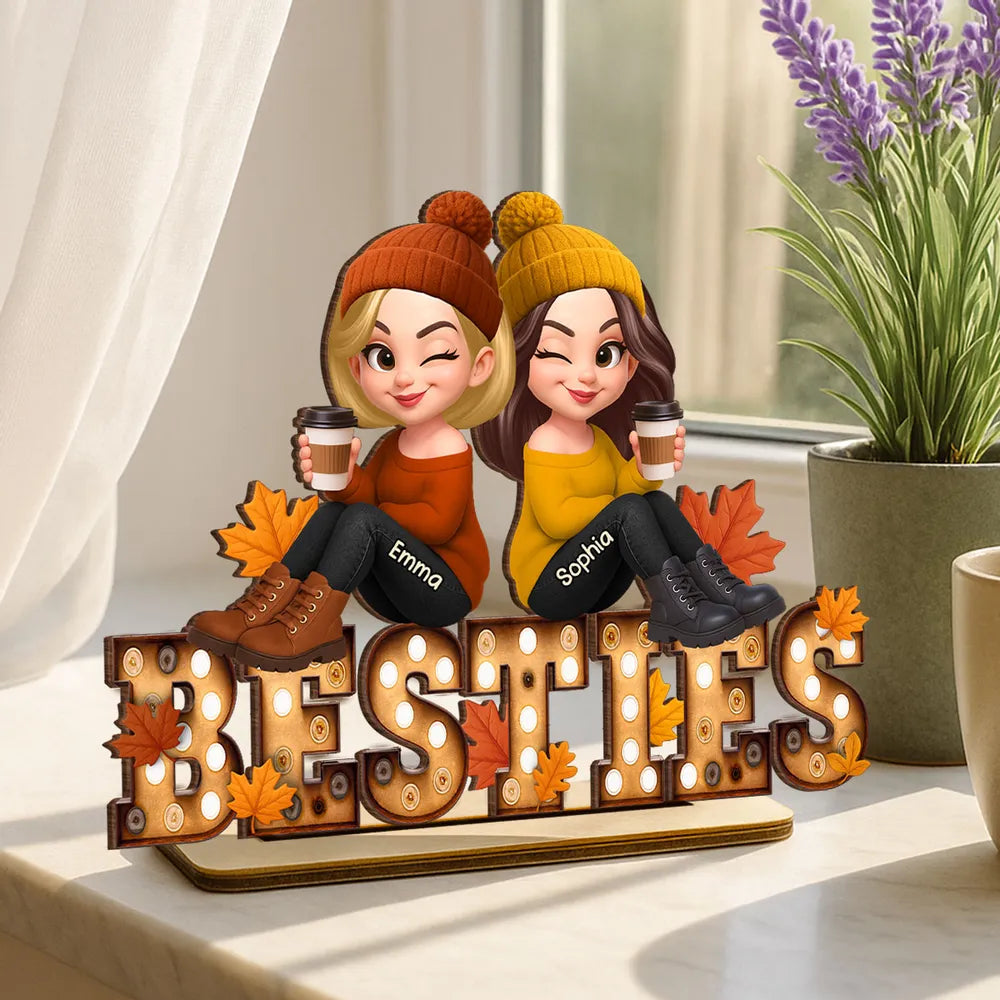 Flameless LED Candle with Besties Design, Cozy Autumn Ambience Light, Gift-Ready Keepsake for Friendship