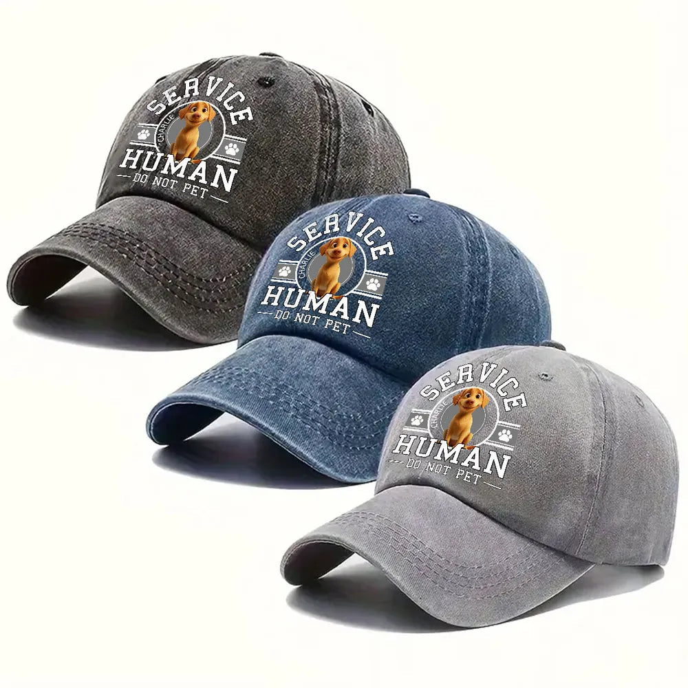 Baseball Cap with “Service Human” dog graphic – washed-look, comfy adjustable fit, everyday shade and style, a playful gift for dog owners and pet lovers