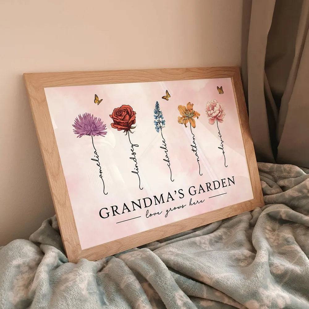 Grandma's Garden Love Grows Here Beautiful Birth Month Flower Gift For Grandma Mom Personalized Doormat or Poster or Canvas, Keychain, Plaque, Wallet Card