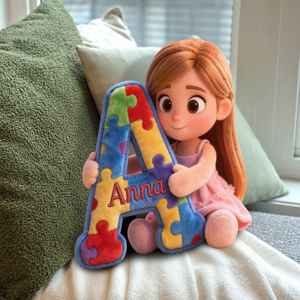 Alphabet Puzzle - Personalized Autism Awareness Faux Fur Shaped Pillow