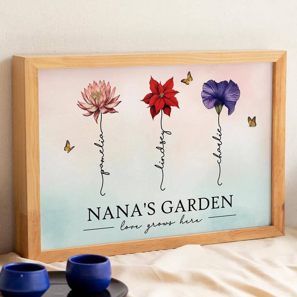 Grandma's Garden Love Grows Here Beautiful Birth Month Flower Gift For Grandma Mom Personalized Cup or Poster or Canvas, Keychain, Plaque, Wallet Card, Pillow