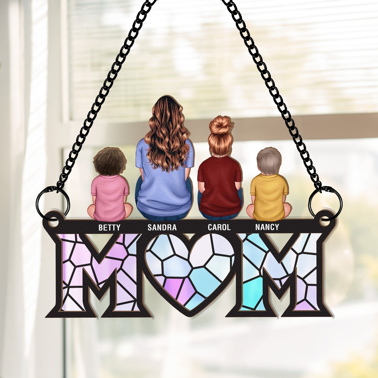 Wood and Acrylic Layered Ornament with Mom and Children Back View, High Clarity, Heartwarming Gift for Family