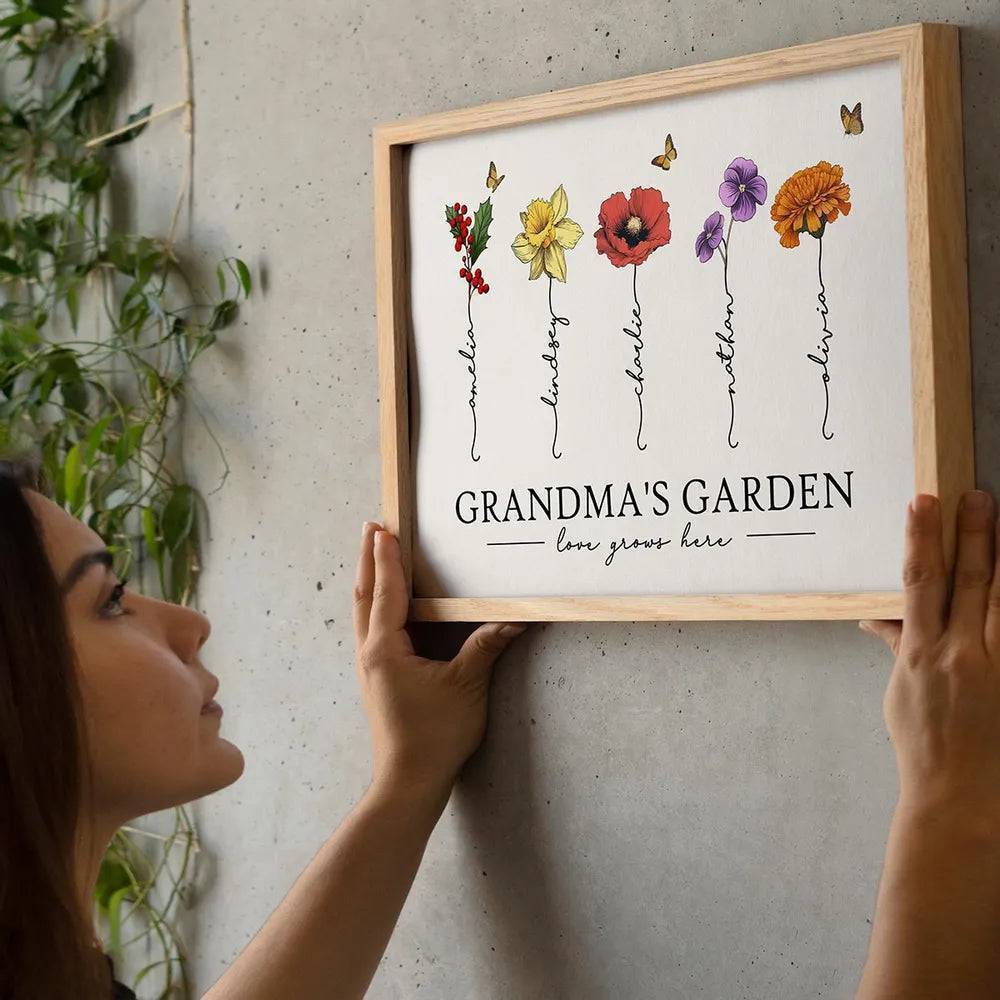 Grandma's Garden Love Grows Here Beautiful Birth Month Flower Gift For Grandma Mom Personalized Poster or Canvas, Keychain, Plaque, Wallet Card, Pillow
