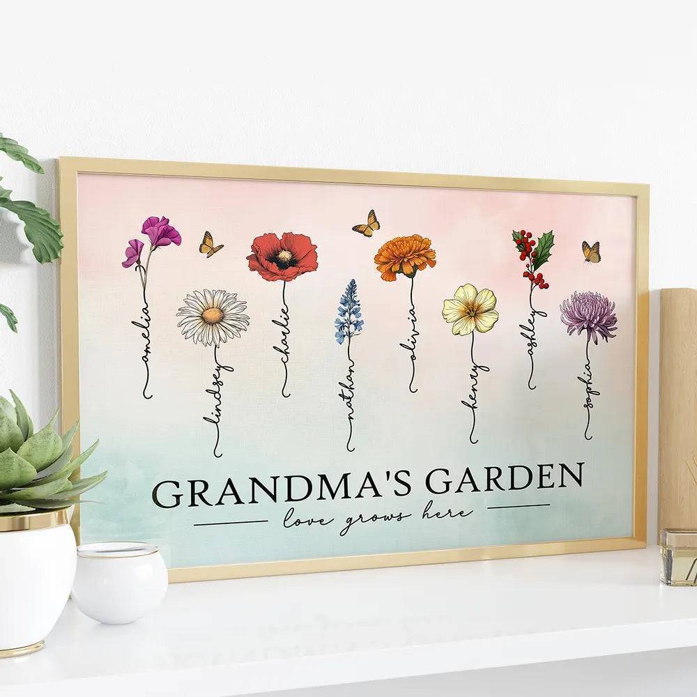 Grandma's Garden Love Grows Here Beautiful Birth Month Flower Gift For Grandma Mom Personalized Doormat or Poster or Canvas, Keychain, Plaque, Wallet Card