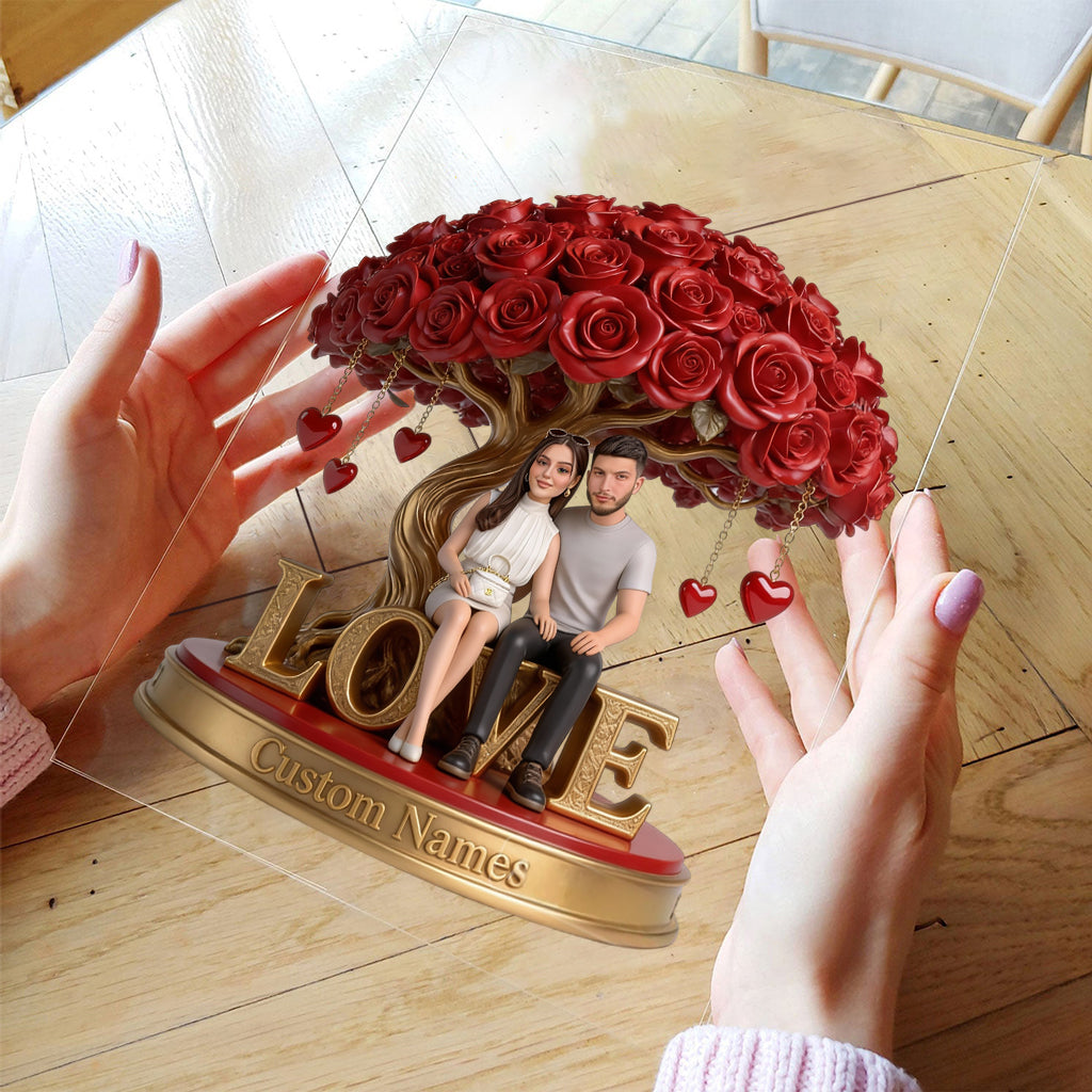Custom Gay Couple Figurine Statue under Red Rose Tree, Engraved Name, Romantic Same Sex LGBT Anniversary Wedding Gift Home Decor