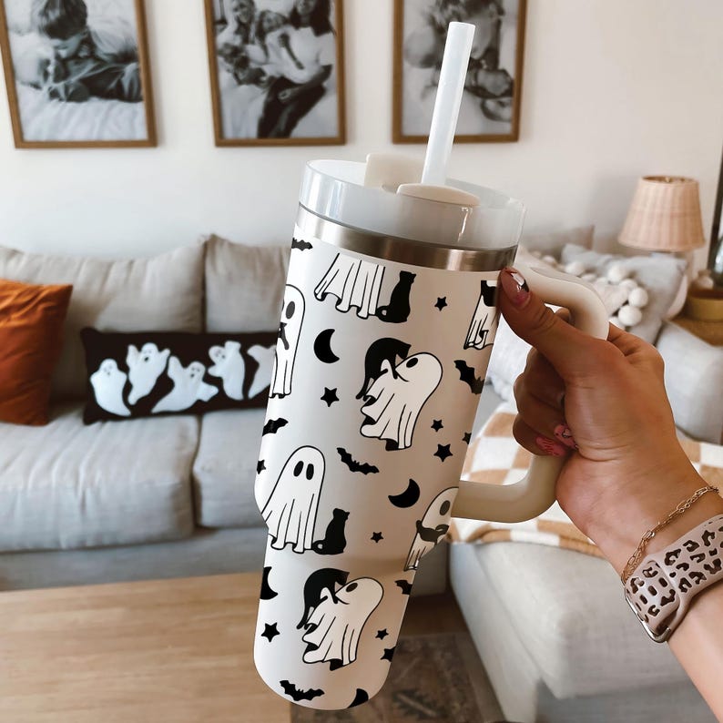 Halloween Cute Ghost Cat Tumbler Halloween Tumbler With Handle 0924